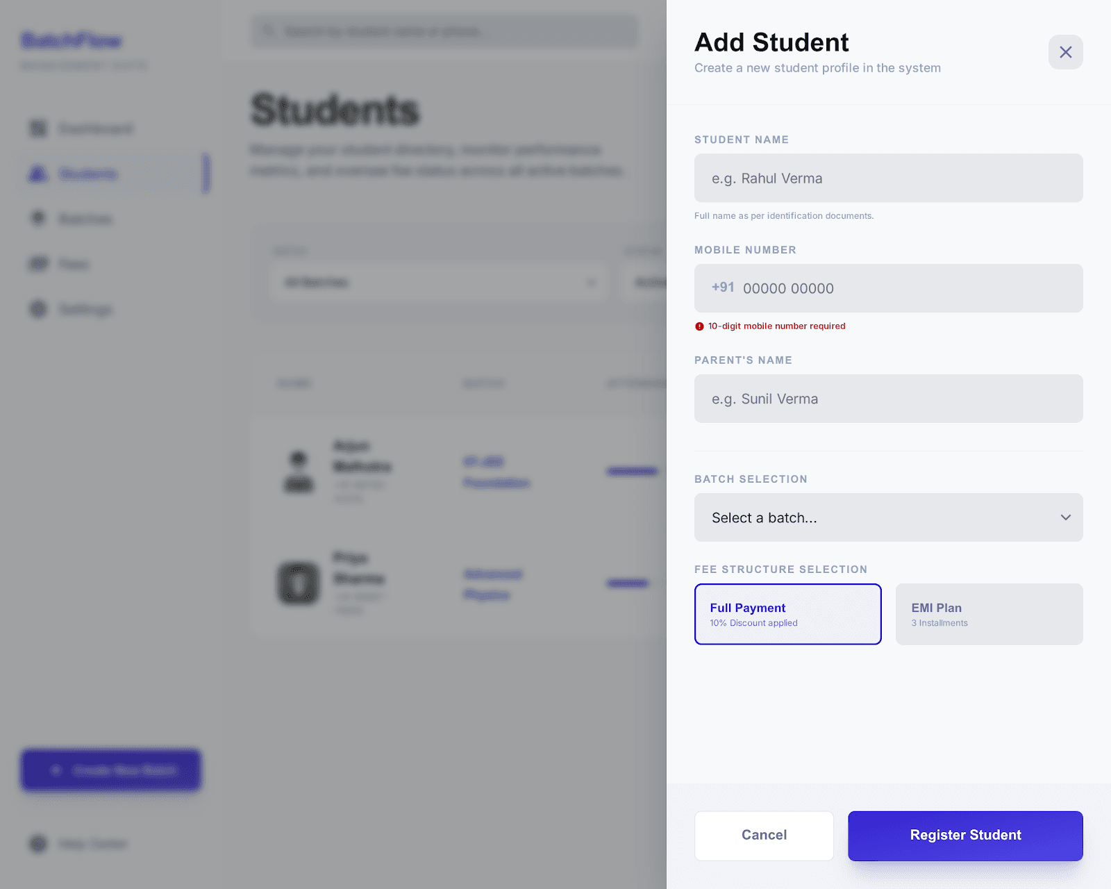 Student registration and fee setup — Progressive form breaking large workflows into smaller operational units. Reduces context-switching for admin staff.